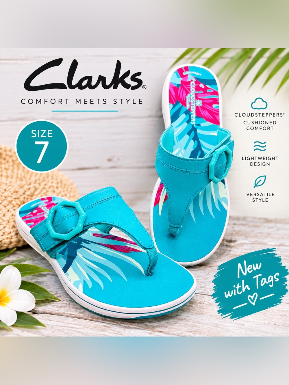 Clarks Cloudsteppers Breeze Cove Flip-Flop adjustable new vacation turquoise